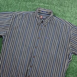 Chaps Ralph Lauren Mens XL Short Sleeve Button Down Shirt Navy Blue Tan Striped